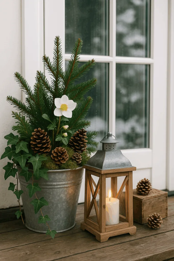 Rustic Lantern and Evergreen Planter on Porch Rustic Lantern and Evergreen Planter on Porch — Christmas Window Decor Outdoor