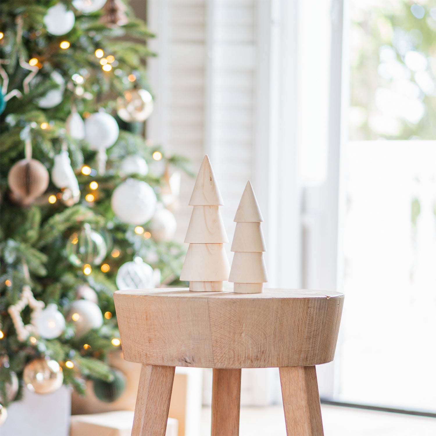 Miniature Wooden Christmas Trees on Rustic Stool — Neutral Christmas Tree