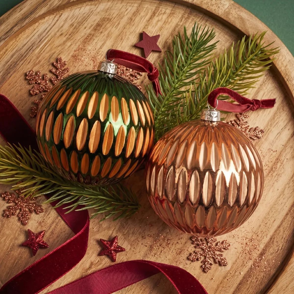 Set von 12 Weihnachtskugeln (D80 mm) Luxus Retro Orange und Tannengrün