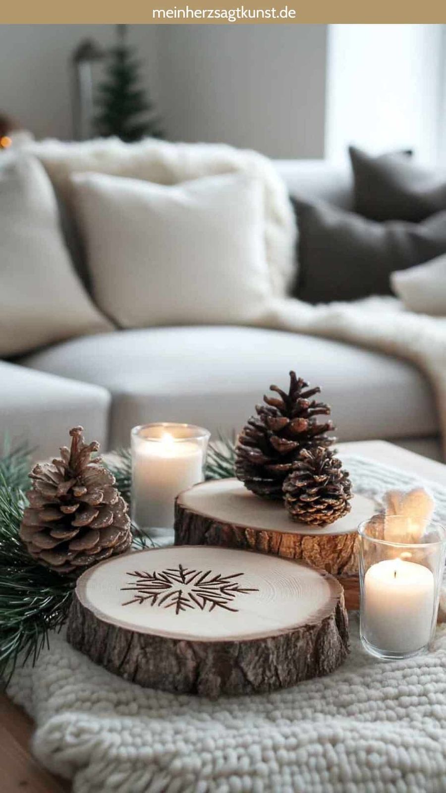 Cozy Winter Vignette with Wood Slices and Candles — Winter Decor After Christmas