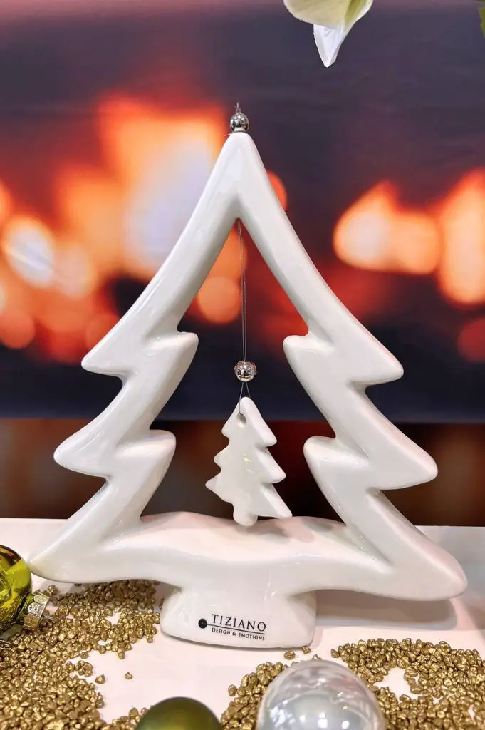 Modern White Ceramic Christmas Tree Sculpture with Hanging Detail Modern White Ceramic Christmas Tree Sculpture with Hanging Detail — White Christmas Tree Decor