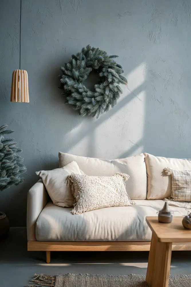 Hygge Living Room with Holiday Wreath and Neutral Tones Hygge Living Room with Holiday Wreath and Neutral Tones — Hygge Home Decor