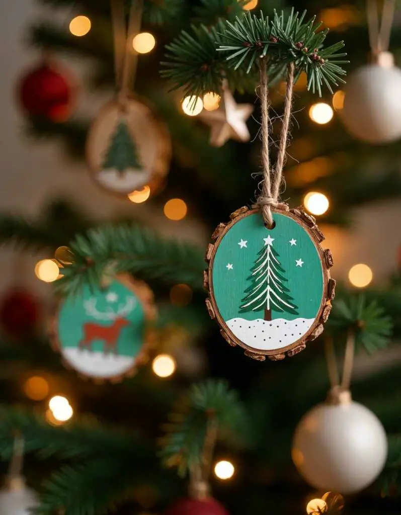 Close-up of Rustic Christmas Tree with Handmade Wooden Ornaments Close-up of Rustic Christmas Tree with Handmade Wooden Ornaments