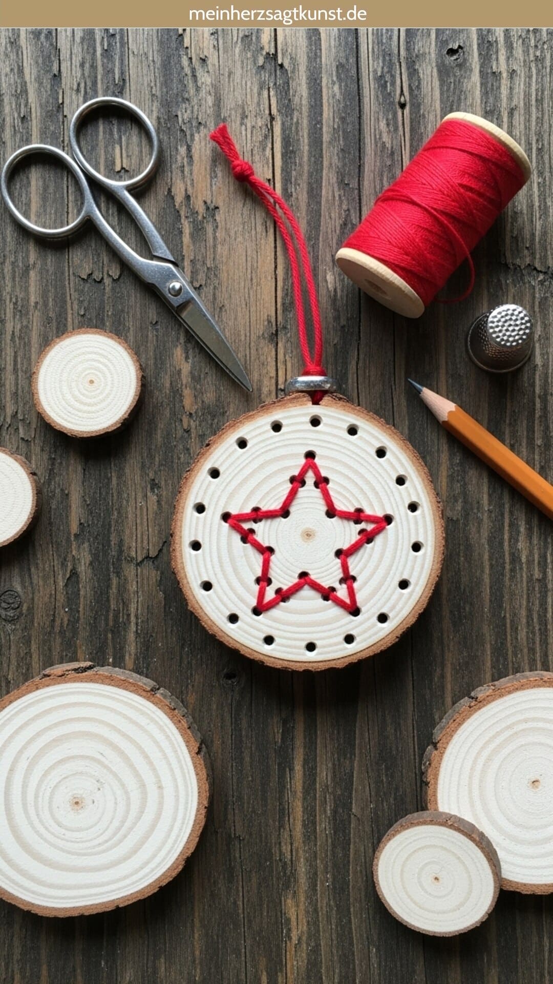 Wood Slice Ornament with Red Star Stitching — DIY Christmas Ornaments