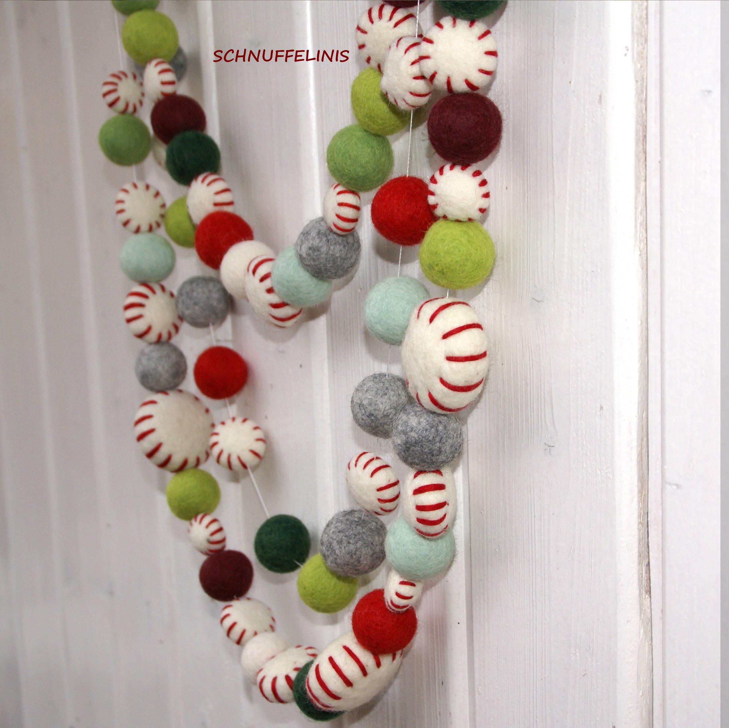Scandi Felt Ball Garland with Peppermint Designs — Christmas Garland