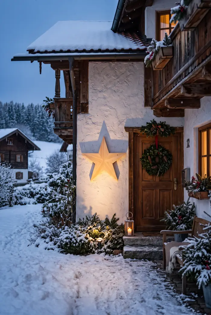 Traditional Porch with Large Wooden Star and Lantern — Winter Front Door Decor