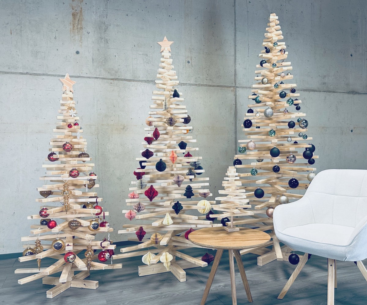 Group of Three Sculptural Wooden Christmas Trees — Minimalist Christmas Tree