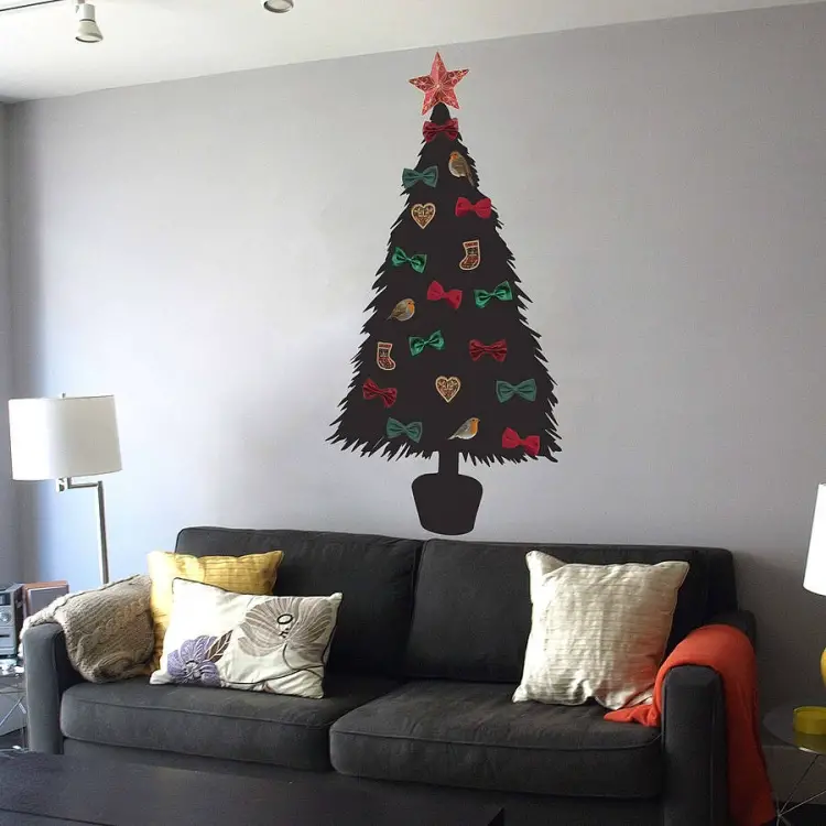 Modern Living Room with Large Black Wall Christmas Tree Decal