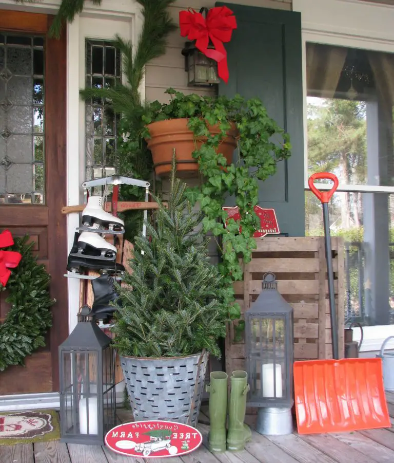 Eclectic Doorway Decor with Skates, Boots, and Mini Tree — Small Christmas Porch