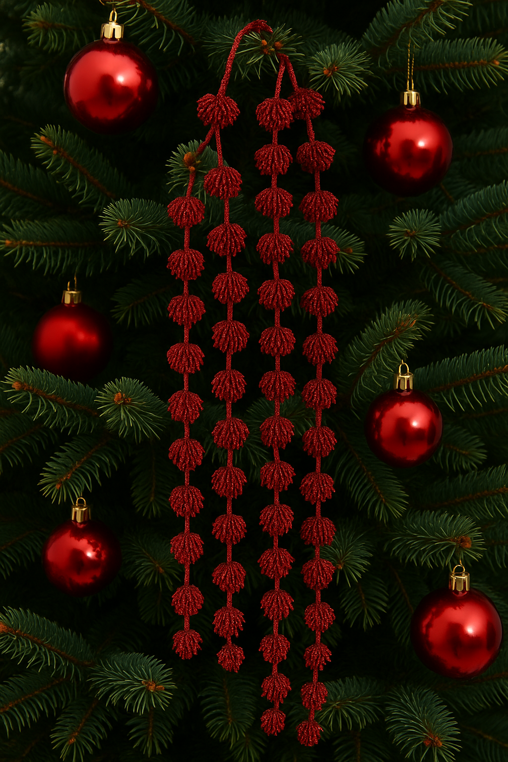 Festive Christmas Tree with Red Baubles and Beaded Garland Festive Christmas Tree with Red Baubles and Beaded Garland — Red and Gold Christmas Tree