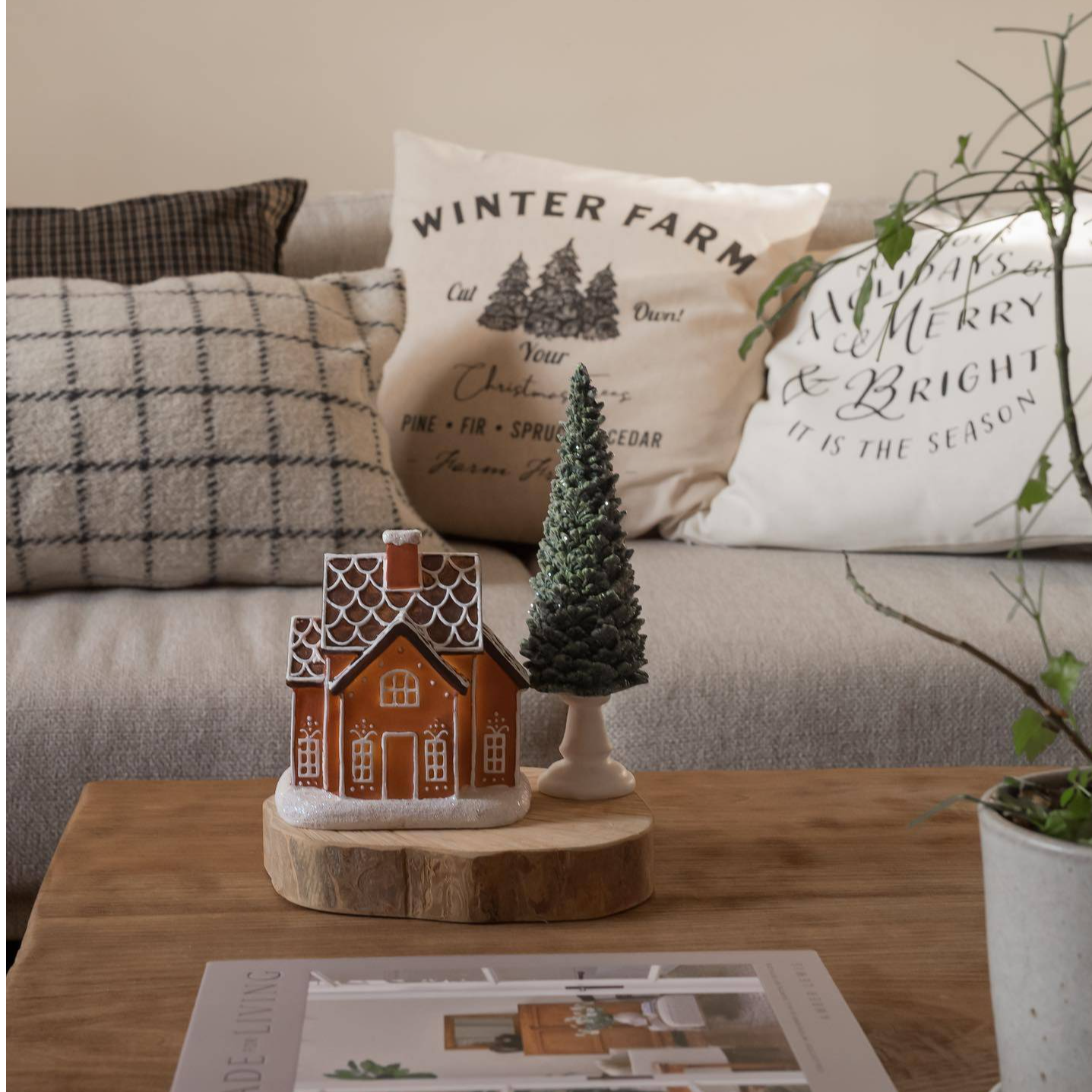 Modern Cozy Coffee Table with Gingerbread House and Mini Tree — Christmas Living Room Decor