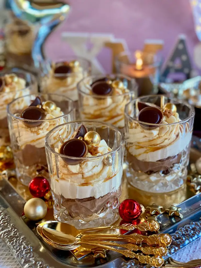 Sparkling Layered Desserts on a Silver Tray — Christmas Dessert Table
