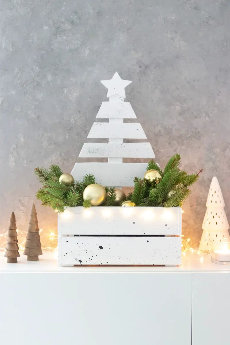 Modern Rustic Crate Arrangement with White Tree — Tabletop Christmas Tree Decor