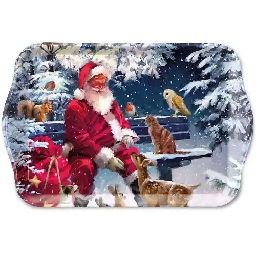 Farmhouse Christmas Tiered Tray with Santa Figure and Flocked Tree