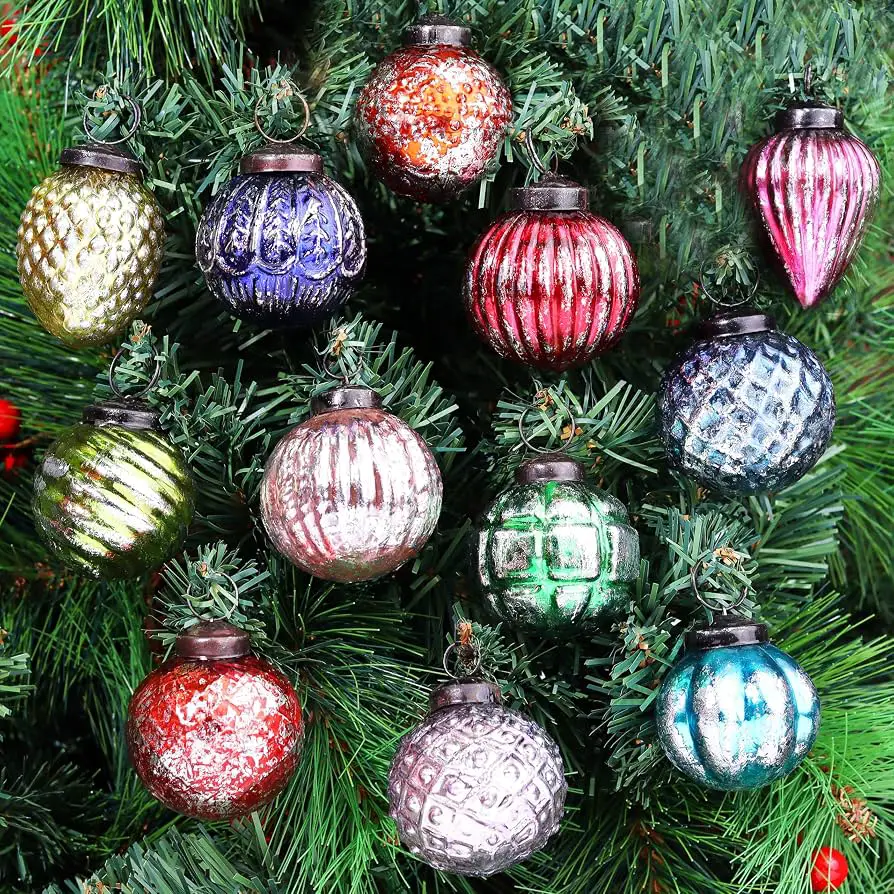 Assorted Vintage Glass Ornaments on a Pine Branch Assorted Vintage Glass Ornaments on a Pine Branch — Vintage Christmas Ornaments