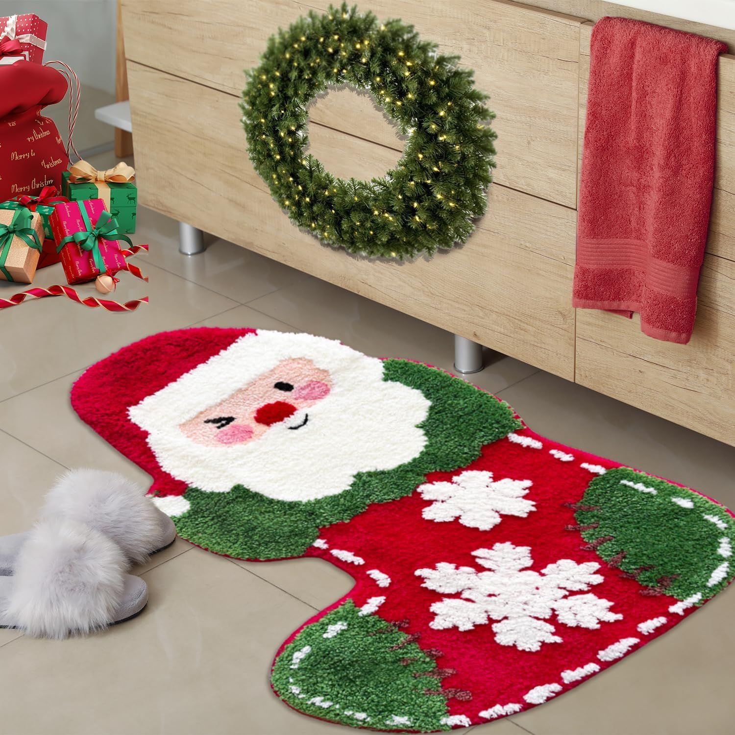 Playful Santa Bath Mat and Wreath Combination — Christmas Bathroom Decor
