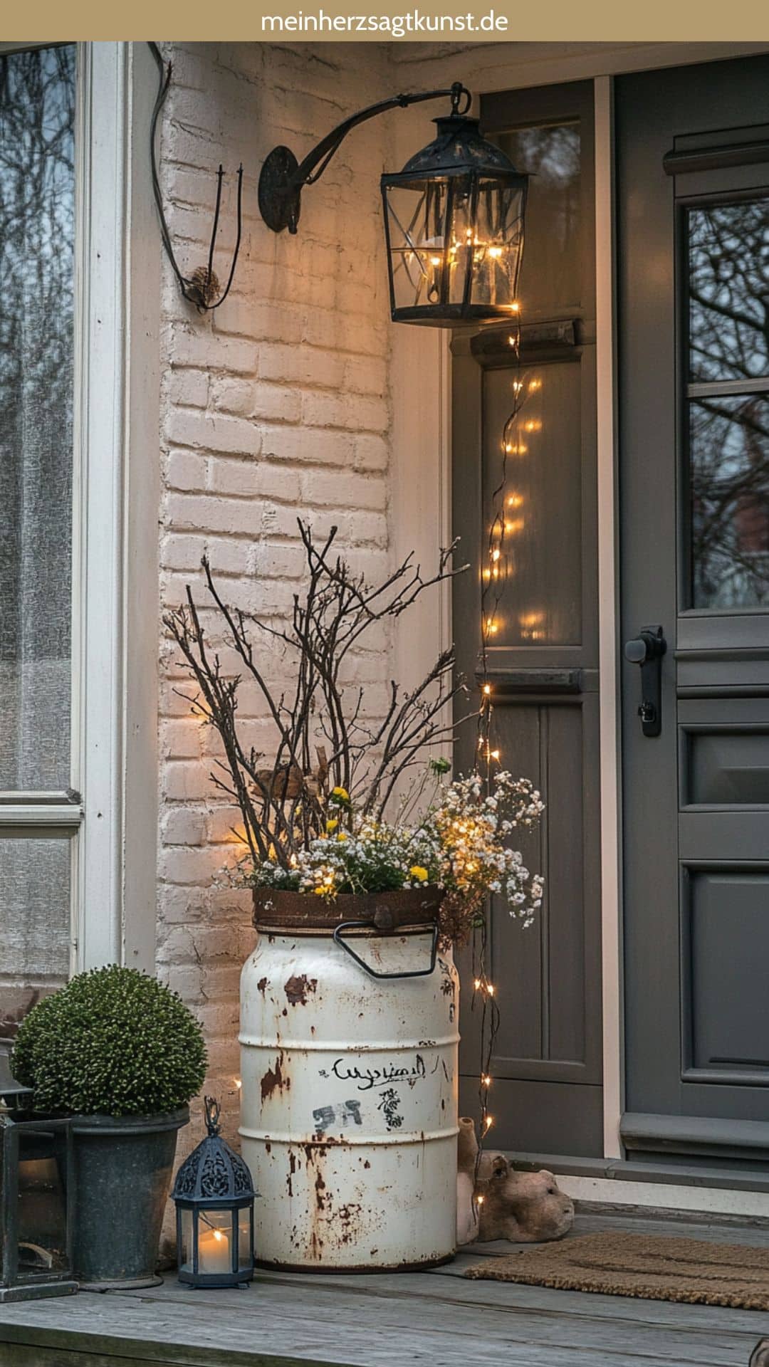 Rustic Porch with Distressed Barrel and String Lights — Winter Front Door Decor