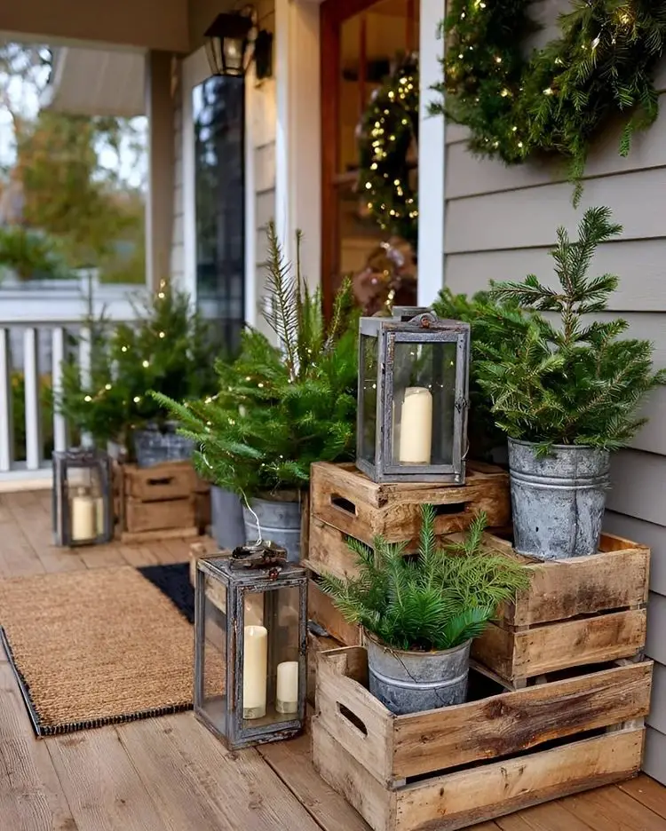 Rustic Porch with Potted Trees on Wooden Crates — Small Christmas Porch