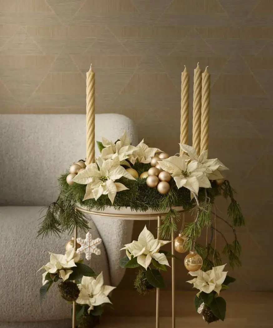 Elegant Poinsettia and Candle Centerpiece Elegant Poinsettia and Candle Centerpiece — Christmas Party Decor