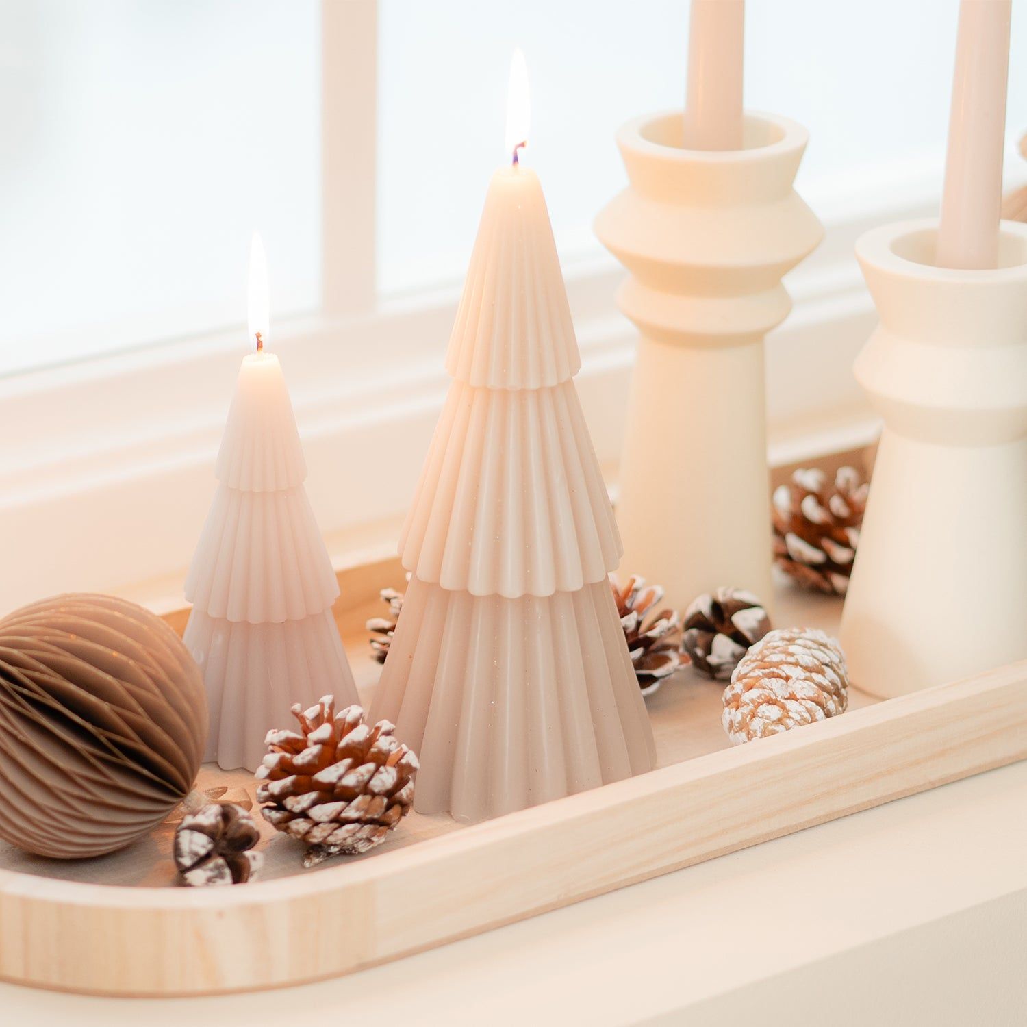 Modern Natural Tray with Layered Tree-Shaped Candles and Pine Cones — Christmas Candle Decor