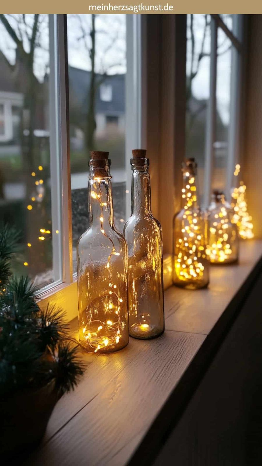 Rustic Window Sill with Glass Bottles Filled with Lights Rustic Window Sill with Glass Bottles Filled with Lights — Christmas Light Display Ideas