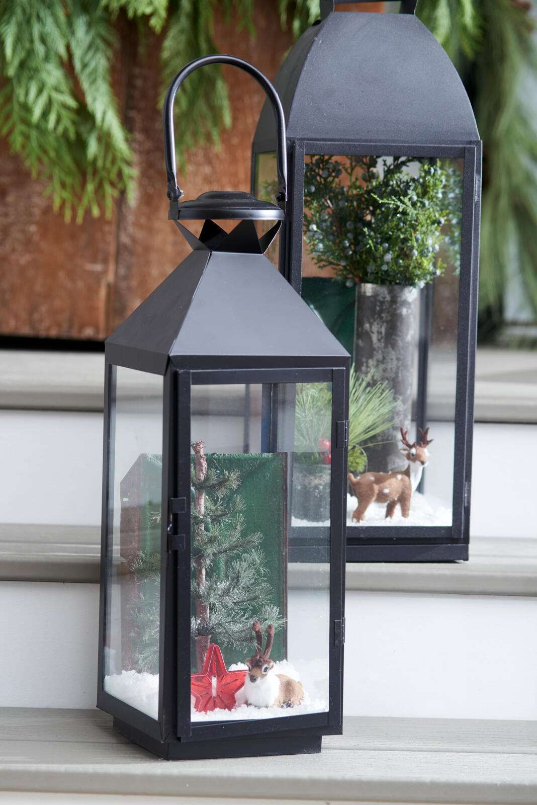Create Miniature Christmas Scenes Inside Glass Lanterns — Christmas Porch Lanterns
