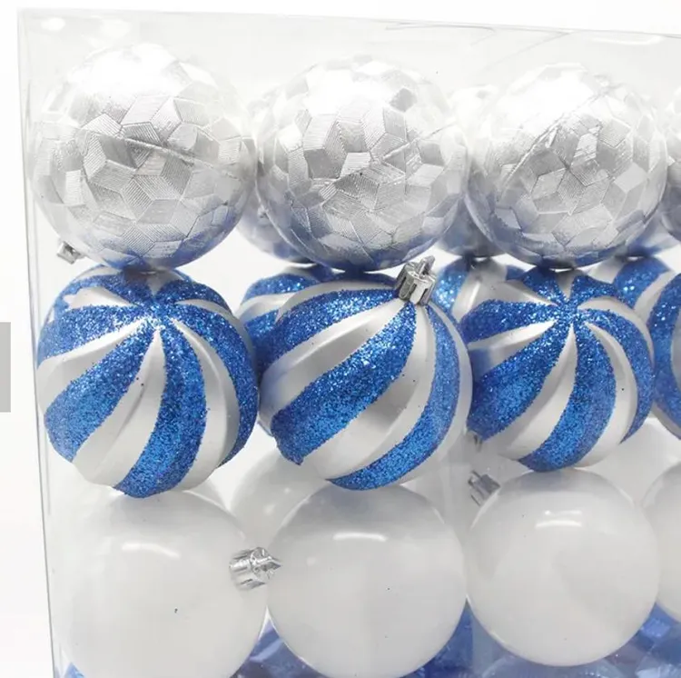 Close-up of Blue and Silver Plastic Baubles in a Box — Blue and Silver Christmas Tree