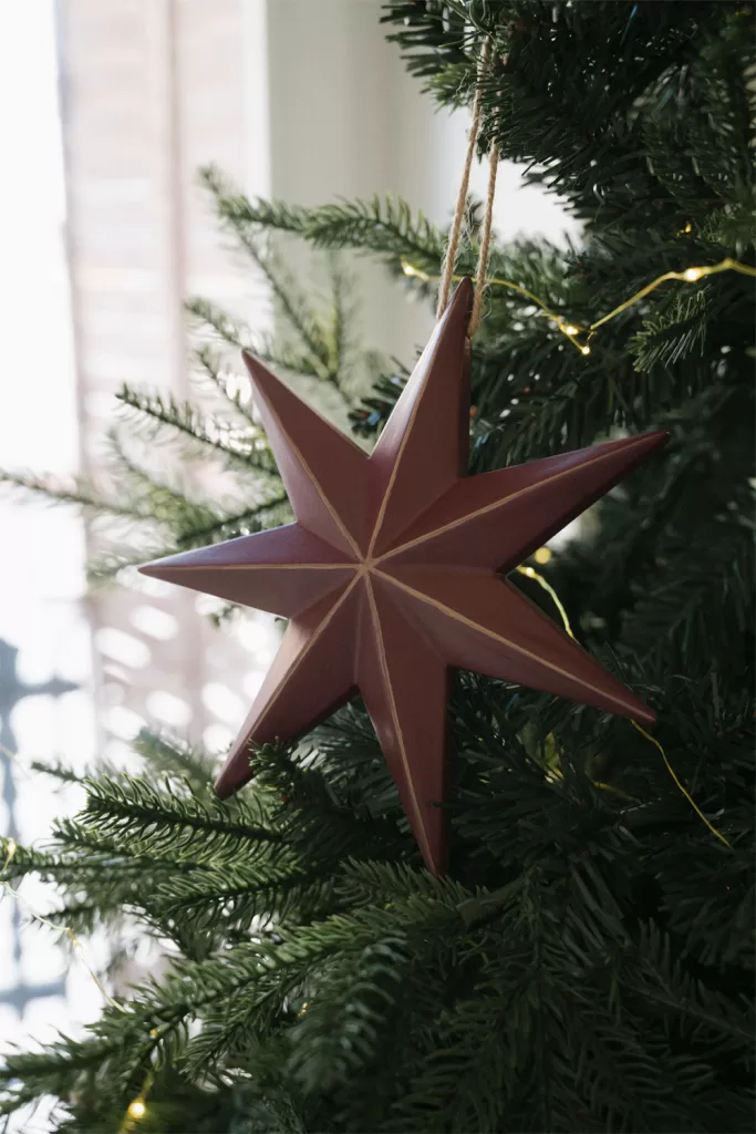 Rustic Star Ornament on Christmas Tree Branch — Neutral Christmas Tree