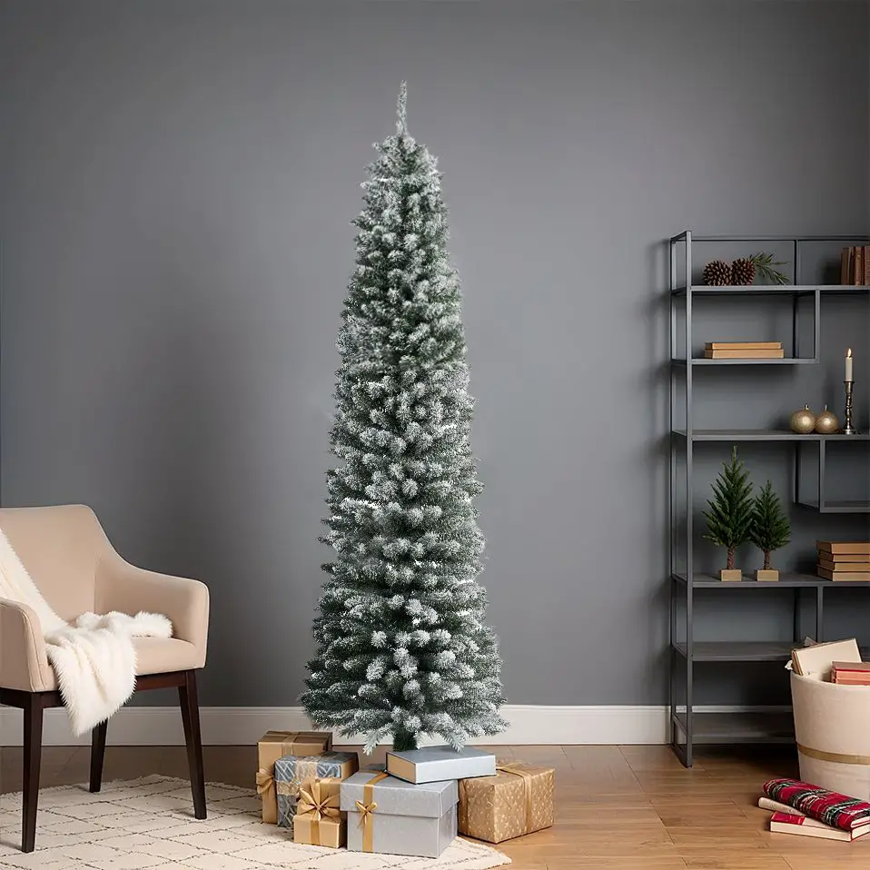 Modern Living Room Features a Flocked Slim Christmas Tree Modern Living Room Features a Flocked Slim Christmas Tree — Slim Christmas Tree Decor