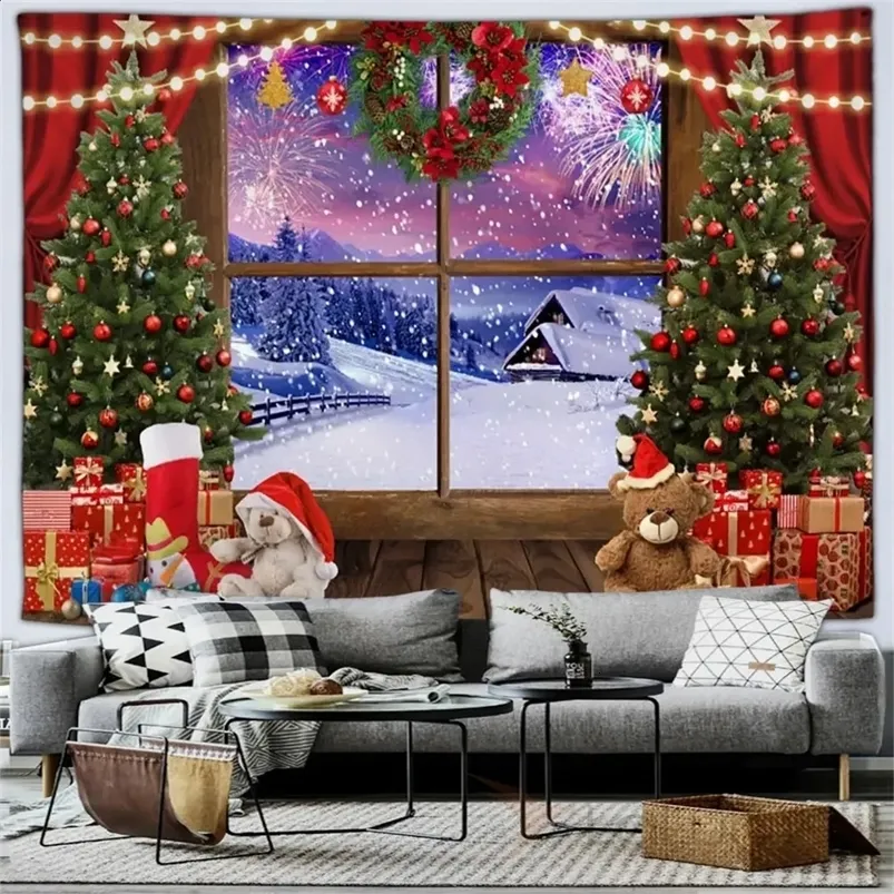 Modern Living Room with Snowy Window Scene Tapestry — Wall Christmas Tree