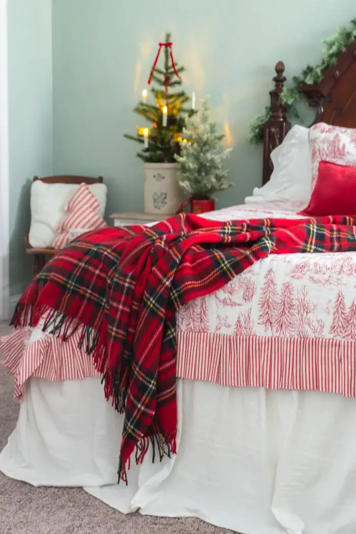 Traditional Bedroom with Toile Bedding and Plaid Throw — Christmas Bedroom Decor