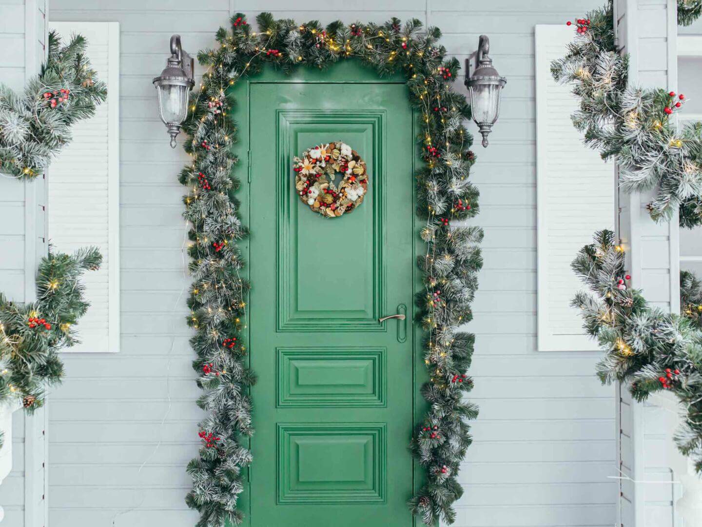 Vibrant Green Door with Frosted Pine Garland and Wreath — Winter Front Door Decor