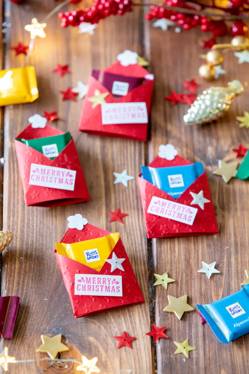 Miniature Red Paper Gift Envelopes with Chocolate Fillings — Christmas Crafts for Adults
