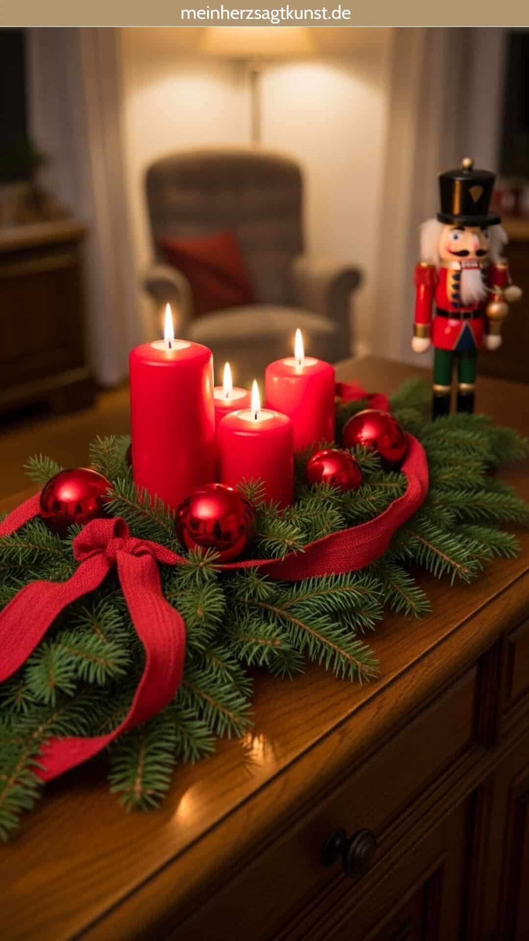 Traditional Centerpiece with Red Candles and Pine Garland — Red and Green Christmas Decor