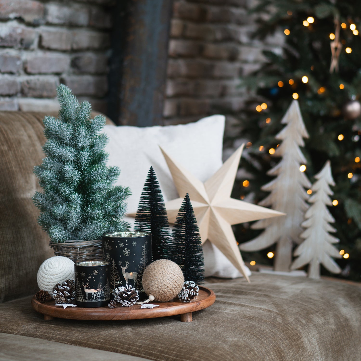 Rustic Vignette with Miniature Trees and Candles on a Wooden Tray — Christmas Living Room Decor