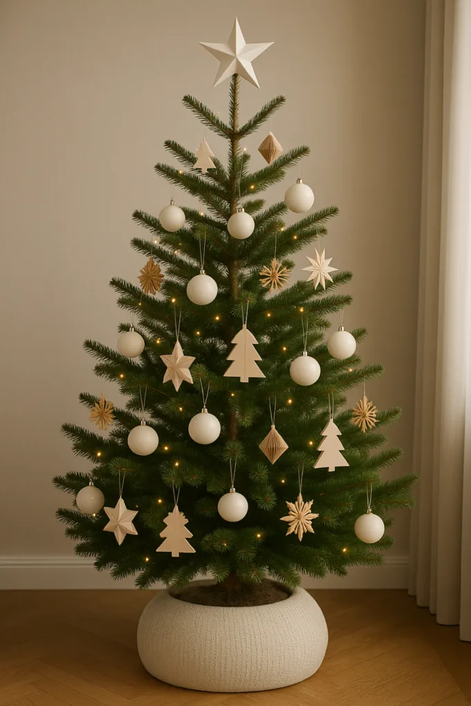Classic Christmas Tree with White and Wood Ornaments — Minimalist Christmas Tree