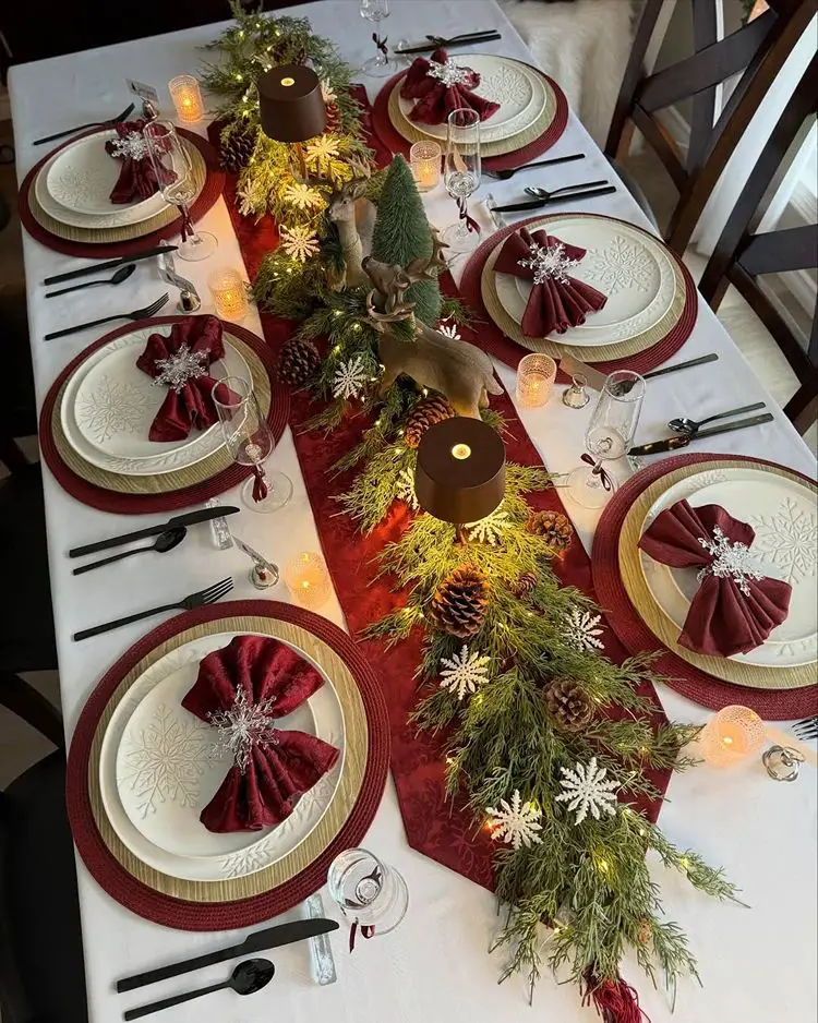Abundant Christmas Table with Illuminated Garland and Deer Figurine Abundant Christmas Table with Illuminated Garland and Deer Figurine — Christmas Party Decor
