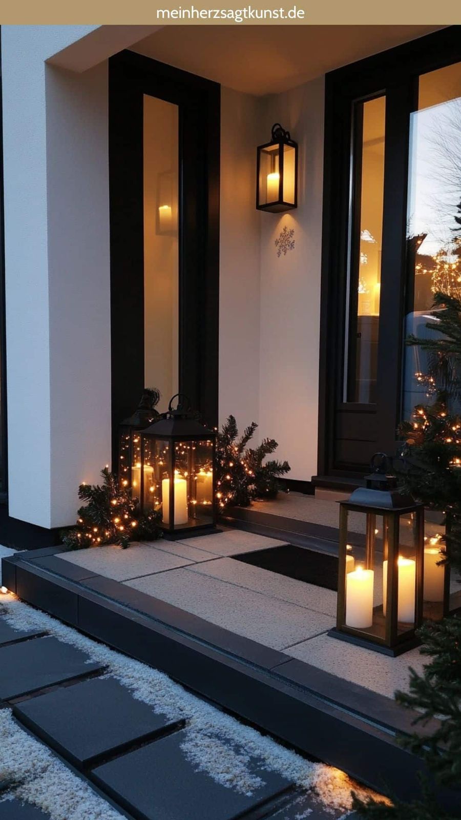 Modern Porch with Large Metal Lanterns and Mini Trees — Small Christmas Porch