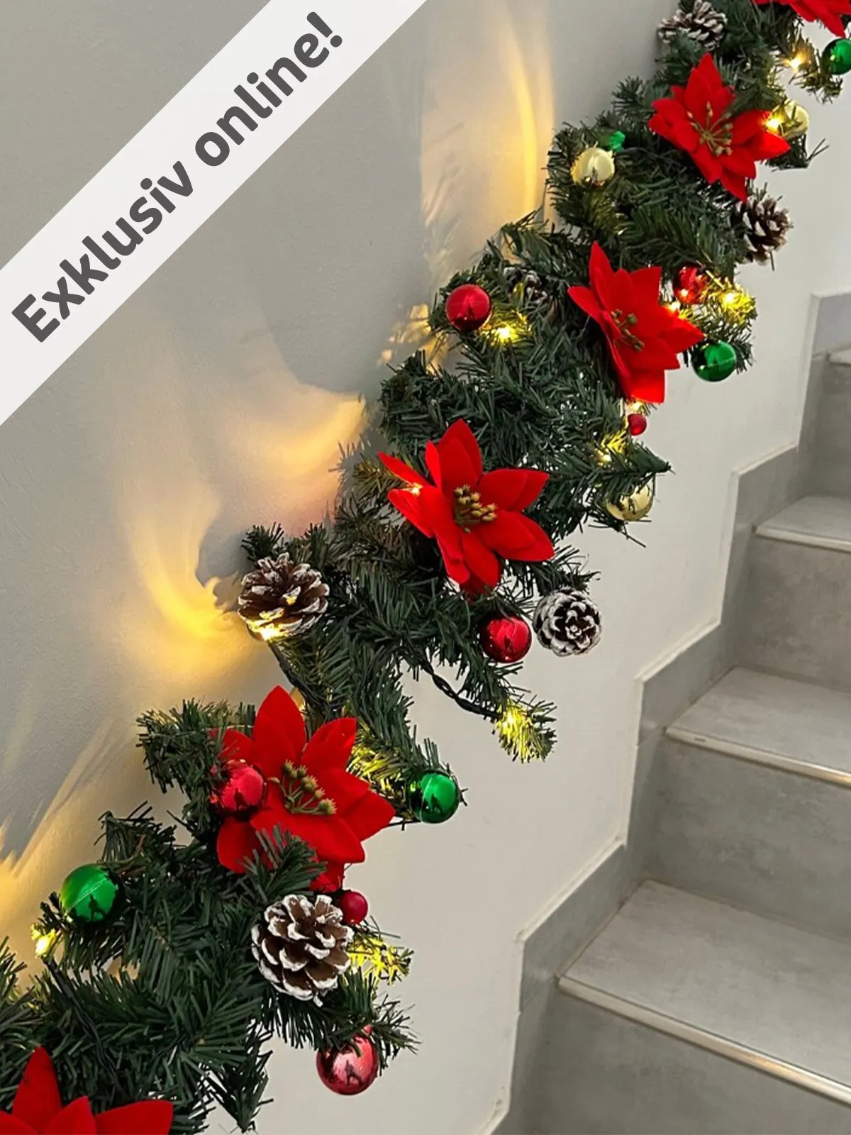 Staircase Garland with Poinsettias, Pinecones, and Green Baubles — Christmas Garland