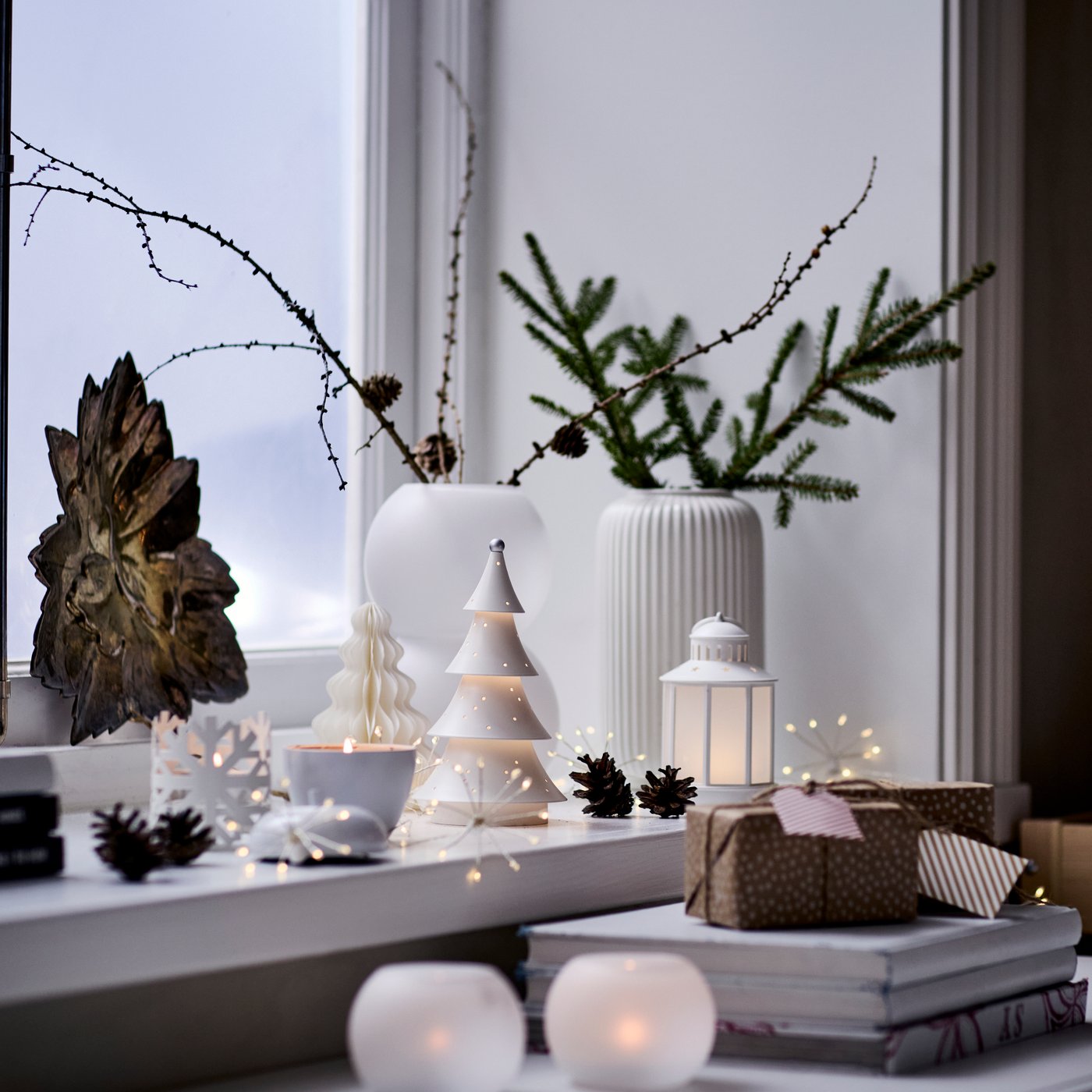 Minimalist Window Sill with White Ceramic Trees and Greenery — Christmas Living Room Decor