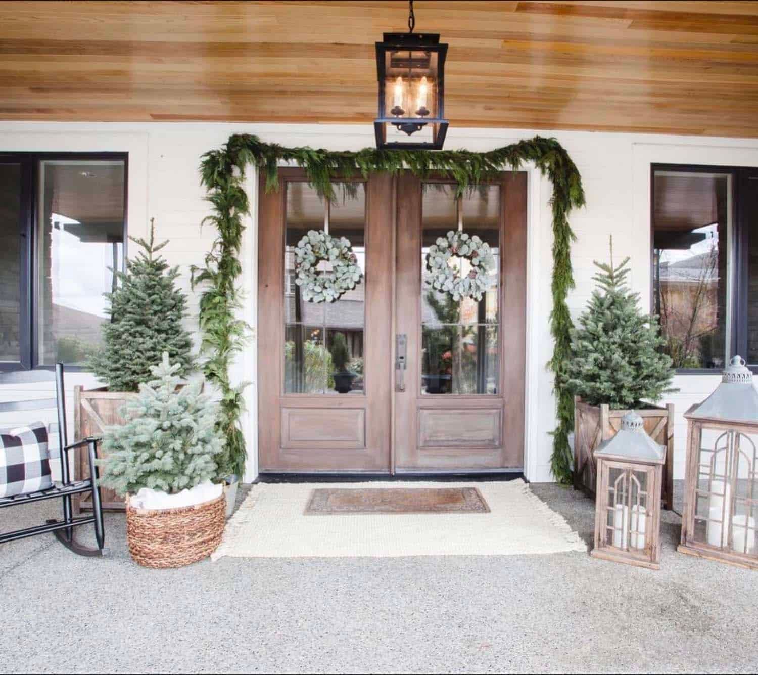 Elegant Farmhouse Double Doors with Wreaths and Lanterns Elegant Farmhouse Double Doors with Wreaths and Lanterns — Farmhouse Christmas Porch