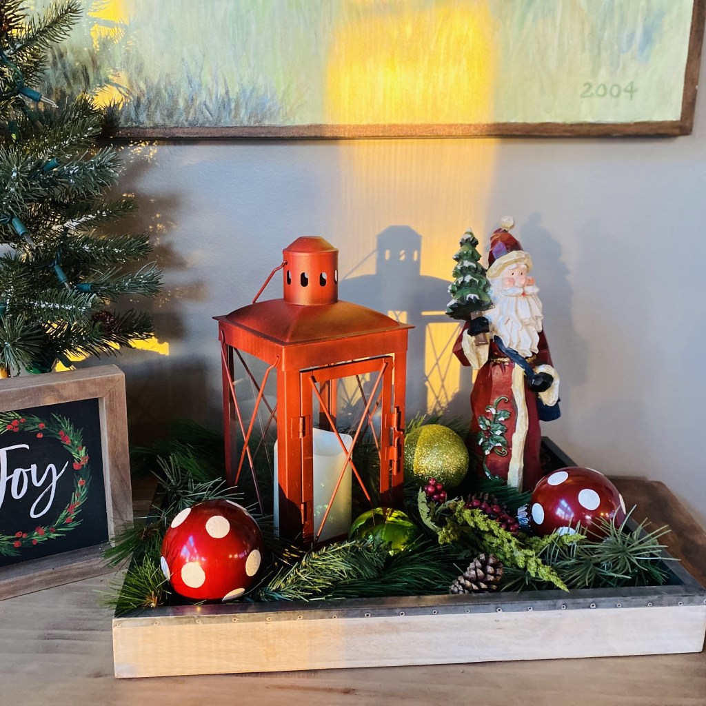 Festive Christmas Centerpiece in Wooden Tray Festive Christmas Centerpiece in Wooden Tray — Coastal Christmas Decor