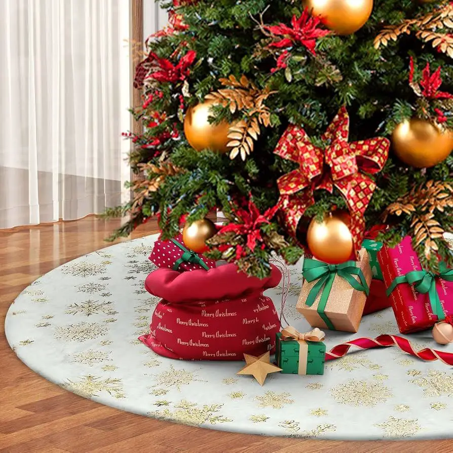 Plush White Skirt with Gold Snowflake for a Magical Touch Plush White Skirt with Gold Snowflake for a Magical Touch — Christmas Tree Skirt
