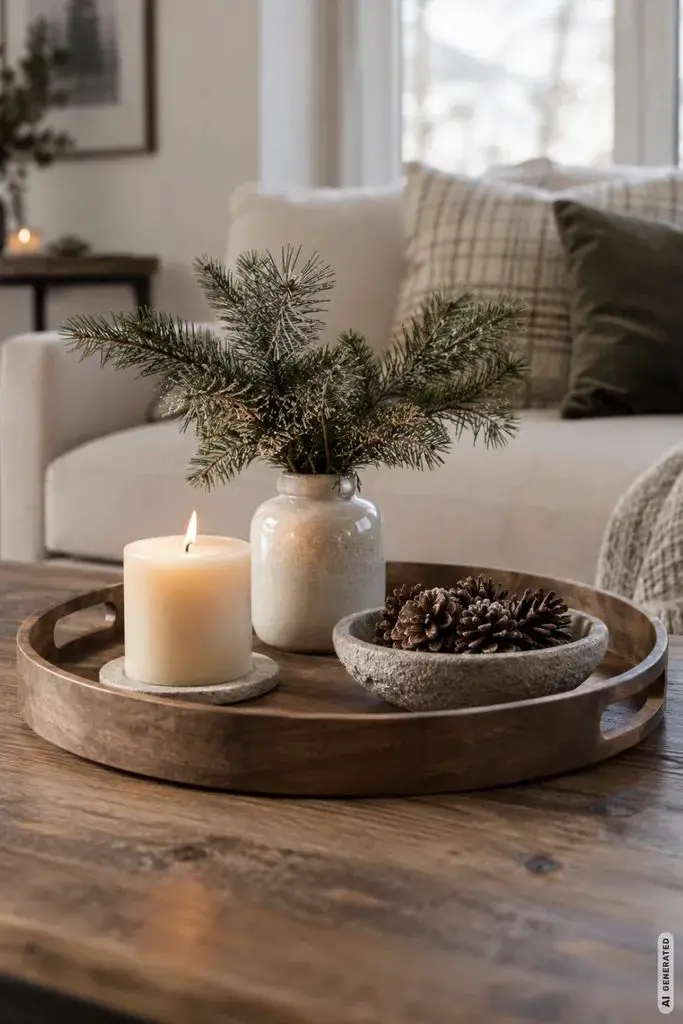 Modern Rustic Tray Vignette with Candle and Pinecones Modern Rustic Tray Vignette with Candle and Pinecones — Christmas Coffee Table Decor