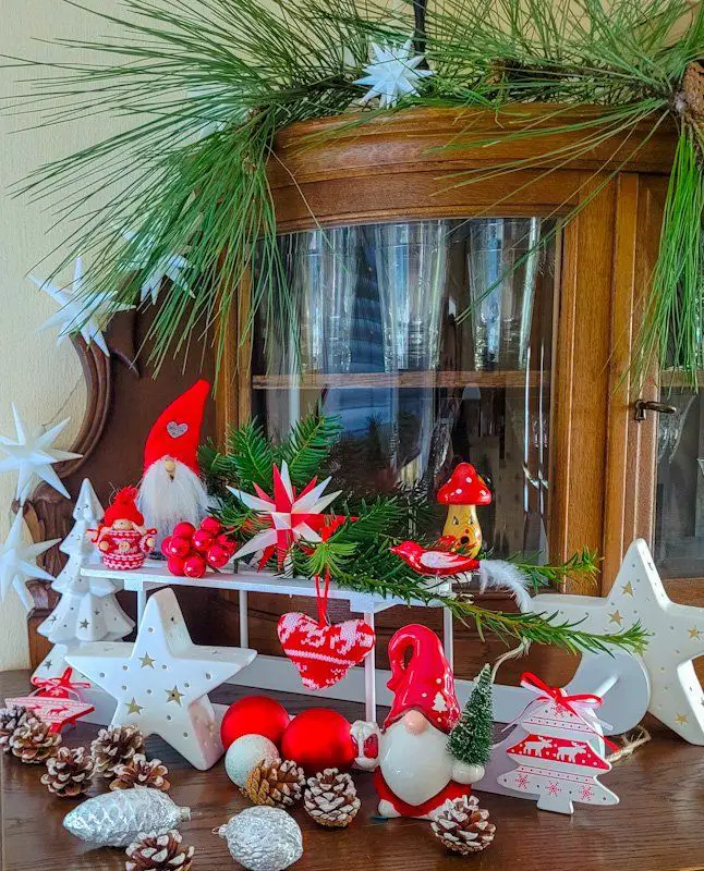 Festive Vignette with Gnomes and Miniature Trees Festive Vignette with Gnomes and Miniature Trees — Scandinavian Christmas Tree