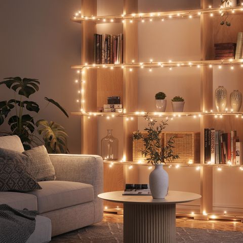 Cozy Living Room Bookshelf Illuminated by Draped Fairy Lights Cozy Living Room Bookshelf Illuminated by Draped Fairy Lights — Christmas Fairy Lights Living Room