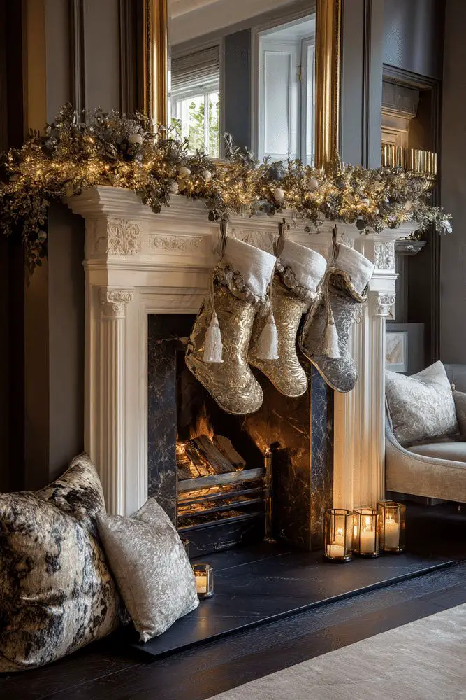 Luxurious Marble Fireplace with Ornate Gold and Silver Decor — Christmas Fireplace Decor