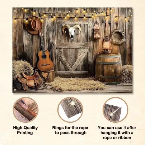 Western Themed Backdrop with Barn Door and String Lights — Christmas Party Backdrop