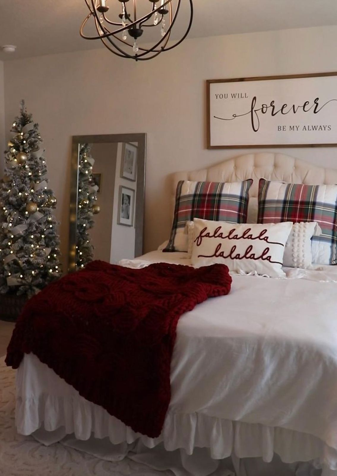 Cozy Bedroom with Plaid Pillows and Flocked Tree — Christmas Bedroom Decor