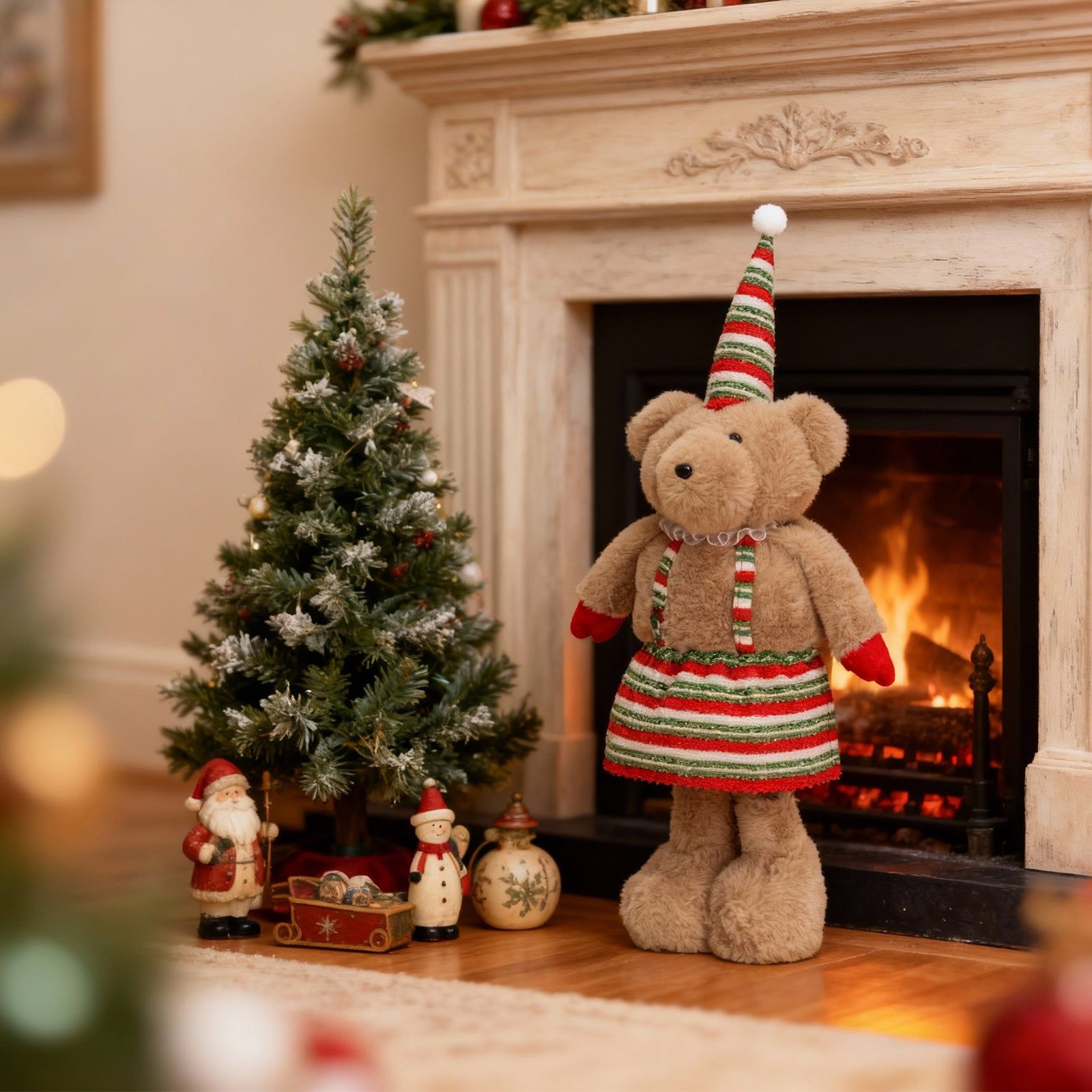 Festive Fireplace with Teddy Bear and Flocked Christmas Tree — Christmas Fireplace Decor